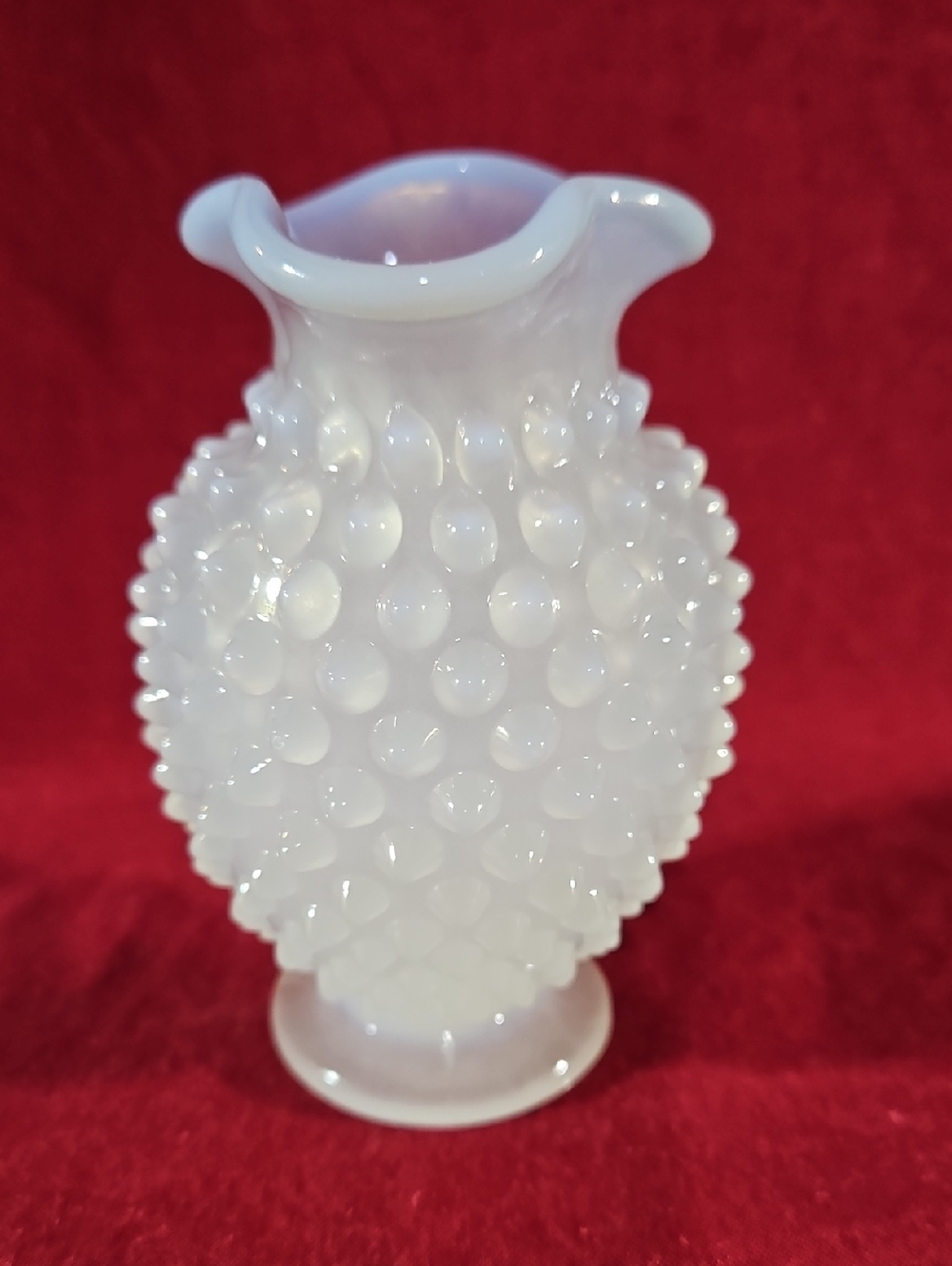 VTG Fenton French White Opalescent Translucent Hobnail Tricorn Crimped Rim Vase